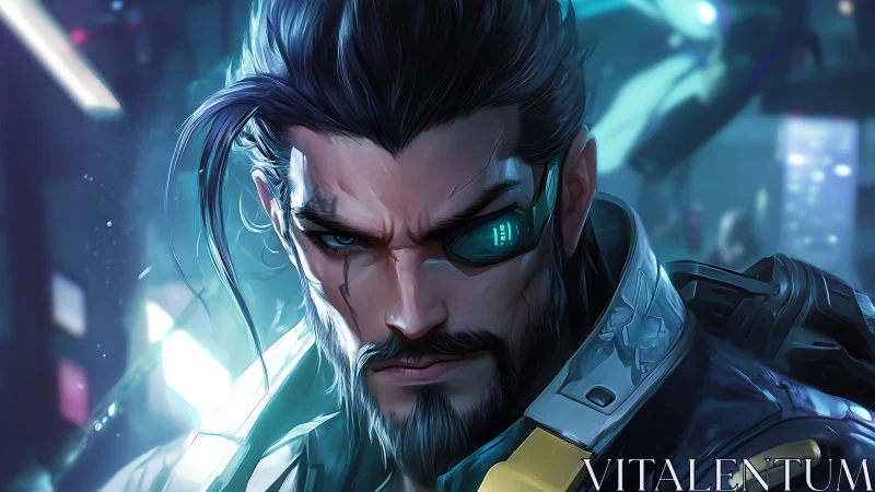 Cybernetic warrior glares through neon haze in dystopian city