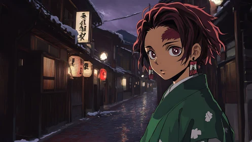 Lanternlit winter alley cradles a wide-eyed kimono wanderer.