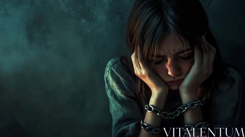Young person in chains against dark textured background.
