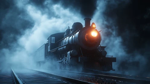 Steam locomotive moves through dense night fog on tracks