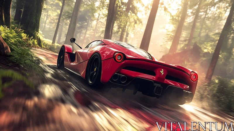 Red supercar speeding through misty forest road scene.