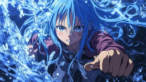 Blue haired anime hero commands surging water in battle
