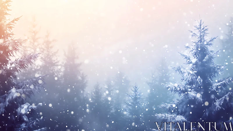 Snow covered evergreen trees stand under soft pastel sky