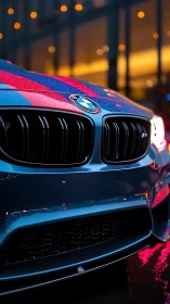 City lights kiss a colorful BMW front grille at dusk.