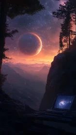 Astrophotographer’s cliffside laptop under ringed alien moon