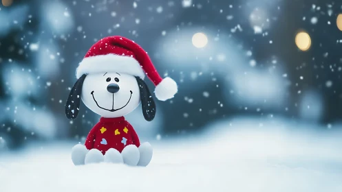 Cartoon dog in Santa hat sitting in soft winter snow.