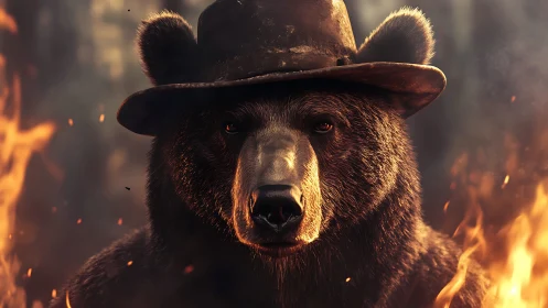 Stoic bear in weathered hat stands amid glowing forest fire