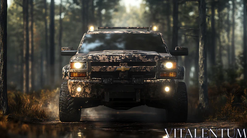 Digital-camouflage off-road truck rendered with volumetric forest lighting