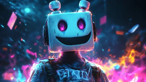 Neon robot-headed friend smiles amid glowing cyber sparks