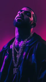 Neon lit portrait of tattooed man in chains at night.