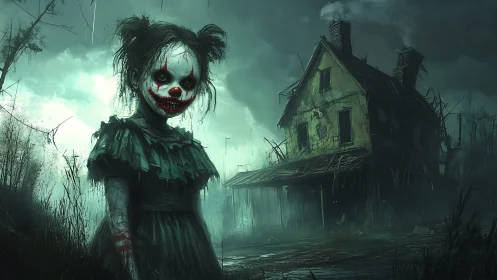 Creepy clown-faced girl haunts a decaying, foggy house at dusk.