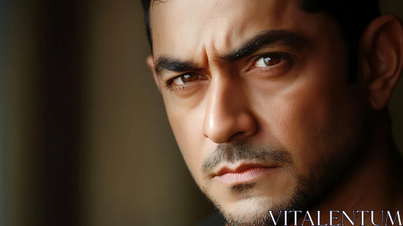 Intense male close-up captures strong, focused expression.