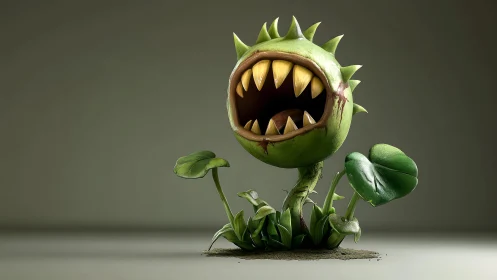 Fierce carnivorous plant illustration with large teeth, 3D style.