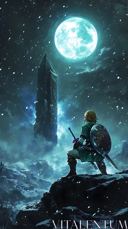 Heroic warrior faces monolithic tower under frozen moon