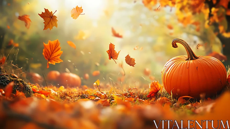 Autumn pumpkin rests under swirling golden maple leaves.