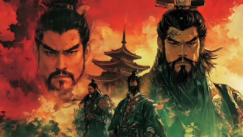 Warlord portraits dominate fiery samurai battlefield panorama