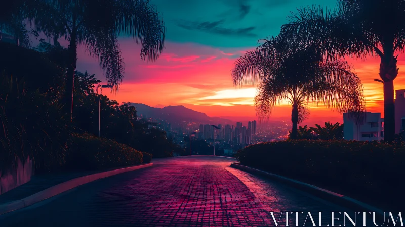 Sunset city street with palm trees and distant skyline.