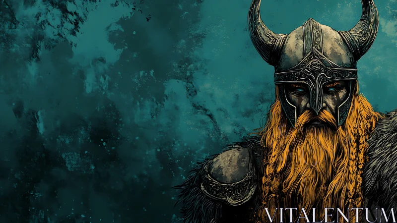 Storm-eyed Viking sentinel broods beneath teal battle skies
