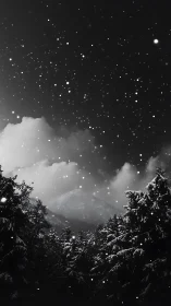 Snowfall veils a midnight mountain in shimmering silence.