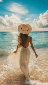 Backlit woman in flowing dress walking into sunlit sea.