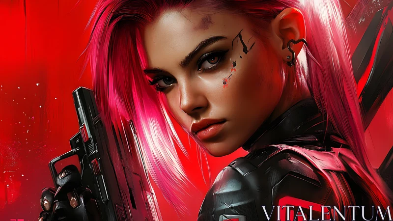 Cyberpunk agent with neon hair in crimson-lit armor.