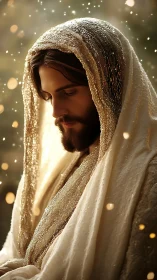 Serene robed figure in golden light and floating sparks.