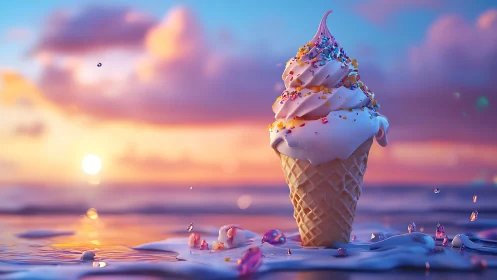 Ice cream cone stands in shallow melting pool at seashore