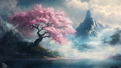 Spectral cherry blossom tree before misted monolithic peak.