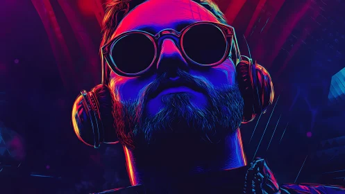 Neon-lit DJ gazes upward as synthwave shadows pulse around