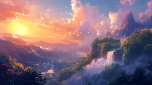 Sunset paints cascading cliffs as misty valleys breathe light