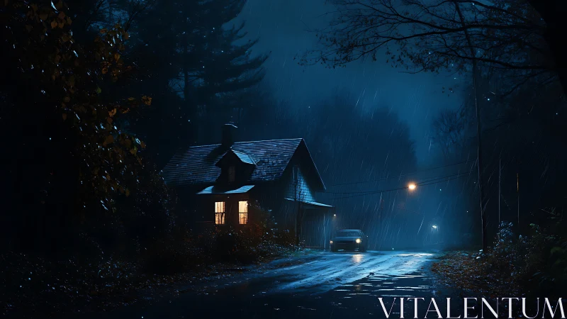 Rain soaked cabin road with lone car under streetlight.