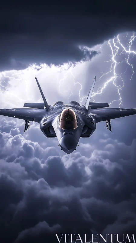 Photorealistic stealth jet front view in storm cloud corridor.