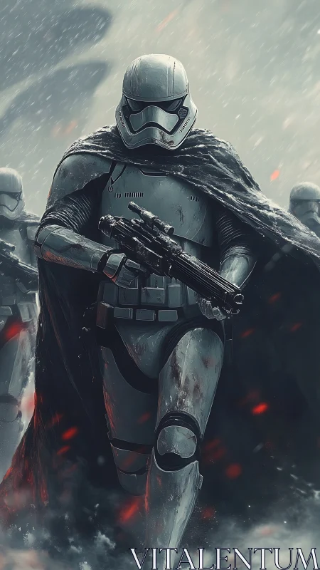 Armored sci fi soldier advances through stormy battlefield