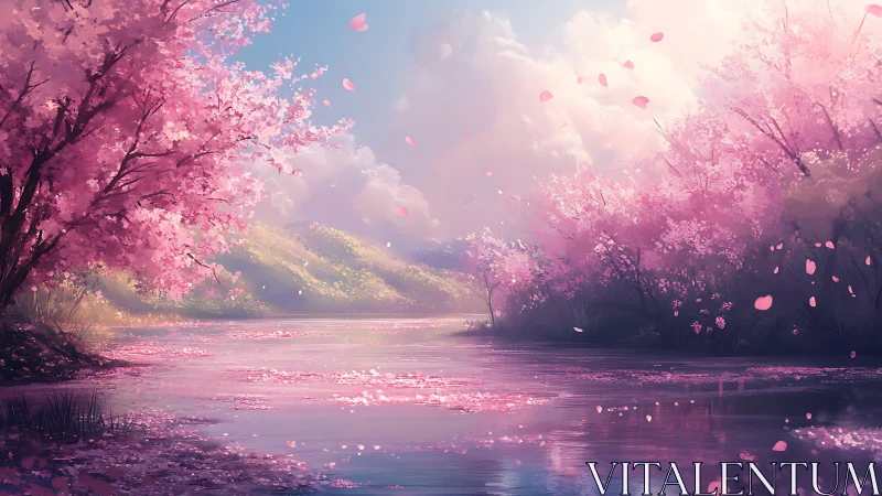 Soft spring river drifting under clouds of cherry bloom.