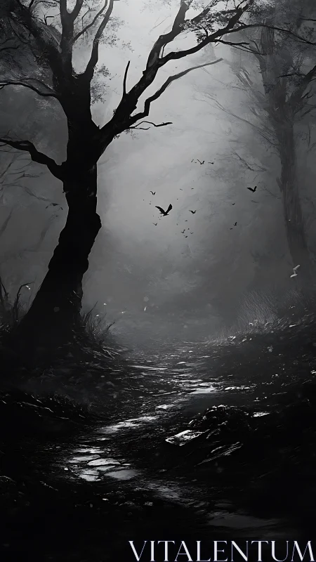 Nocturnal fog forest path with silhouetted gnarled tree.