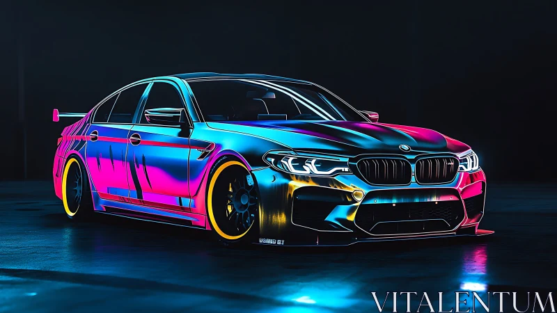 Neon-wrapped BMW sports sedan glows in futuristic studio.