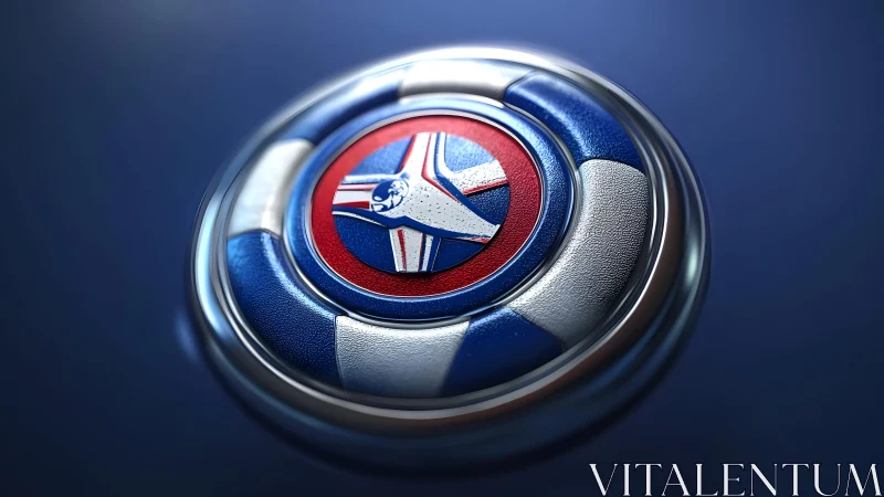 Futuristic Blue and Red Emblem with Metallic Texture in 3D Style.