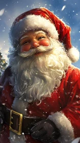 Jolly Santa Claus smiles warmly in a snowy winter glow