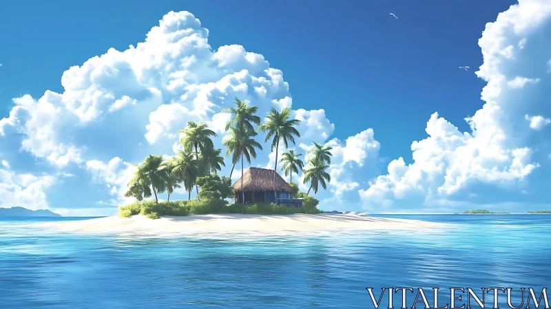 Tropical Island With Thatched Structure in Ocean.