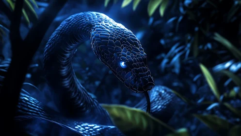 Bioluminescent serpent coils through nocturnal jungle undergrowth