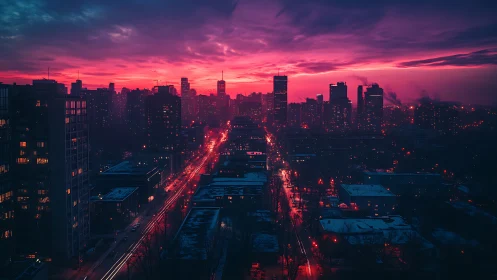 Neon dusk skyline over winter city with cinematic glow.