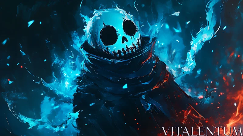 Bifurcated blue flame wraith with skull visage and ember cloak