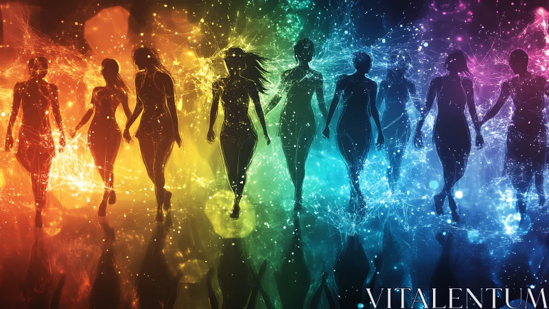 Silhouetted Figures Walking Through Vibrant Abstract Light Art.