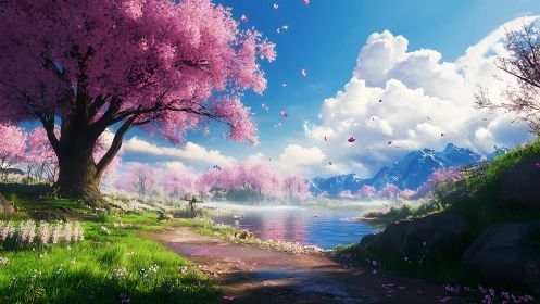 Blossoming lakeside under drifting petals and peaks.