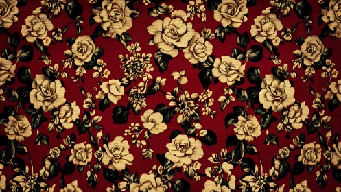 Vintage rose floral pattern covers rich red woven fabric