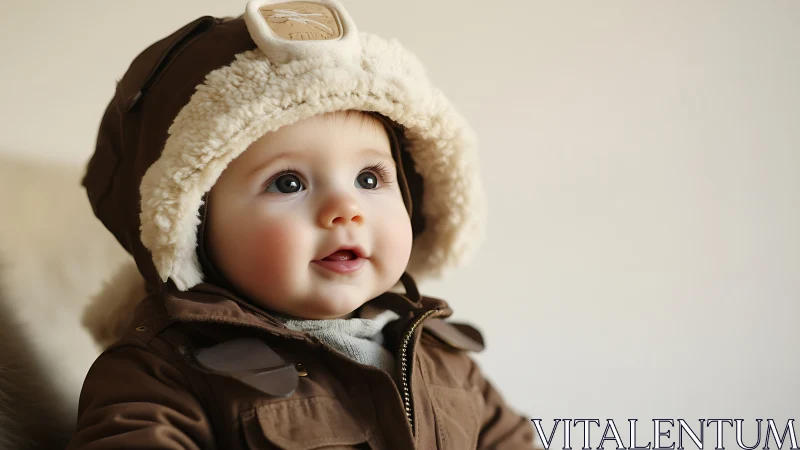 Adorable Baby in Cozy Winter Clothing and Cream Wool Hat.