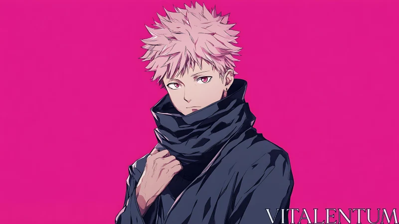 Stoic anime youth in dark coat on vivid magenta field.