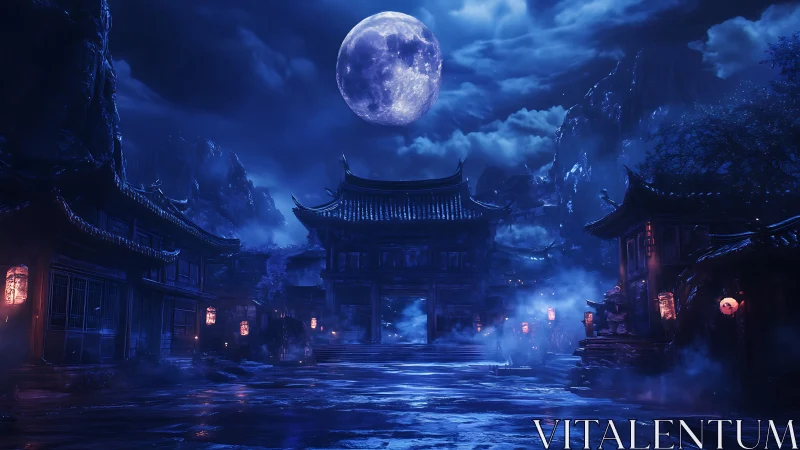 Midnight moonlit temple street wrapped in misty blue calm.