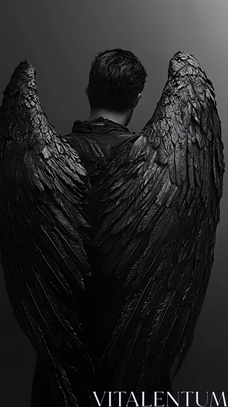 Dark feathered wings on a solitary male figure, back view.