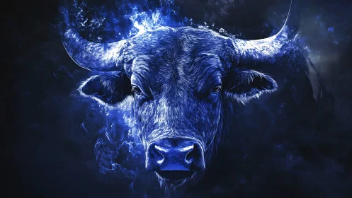 Celestial blue bull rising from swirling cosmic shadows.